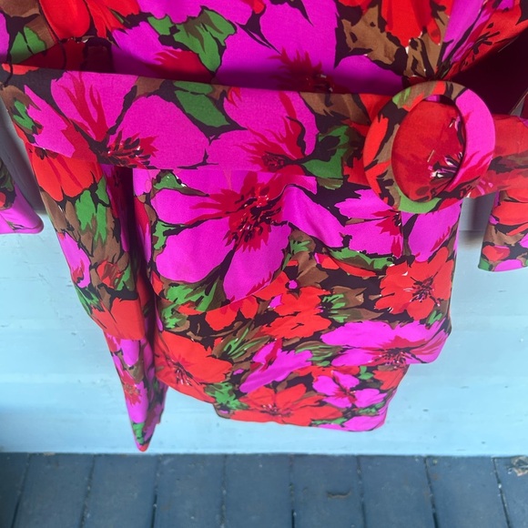 Scaasi Vintage Pink Floral Long Sleeve Layered 100% Silk Mini Dress Size 12 Belt - Picture 4 of 8